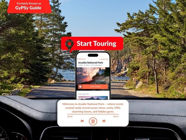 Collage showing a smartphone with an audio tour app over a road view.