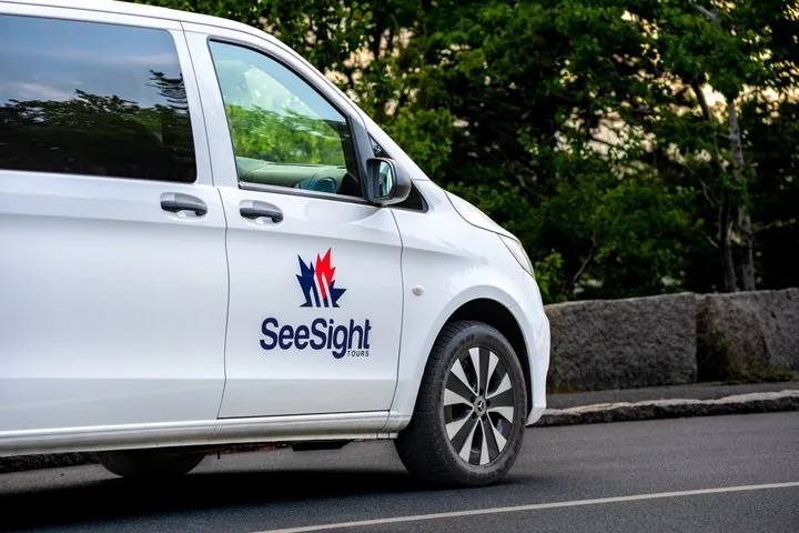 White tour van with SeeSight Tours logo parked on a road.